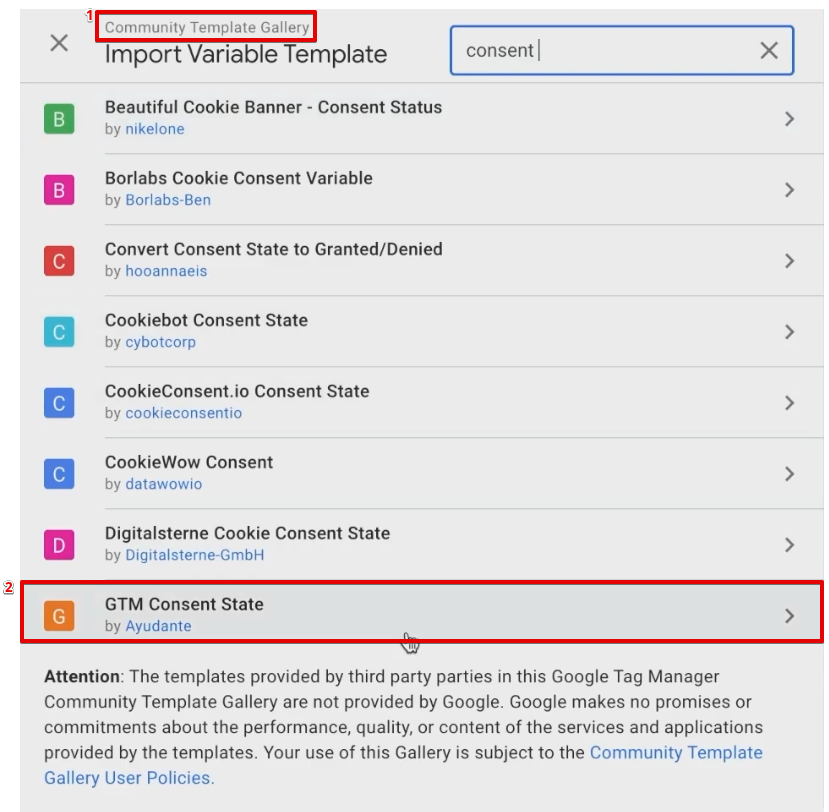 Searching GTM Consent State variable type from the community template gallery of GTM 