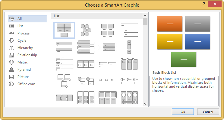 Pilihan dalam kotak dialog grafik SmartArt pilih