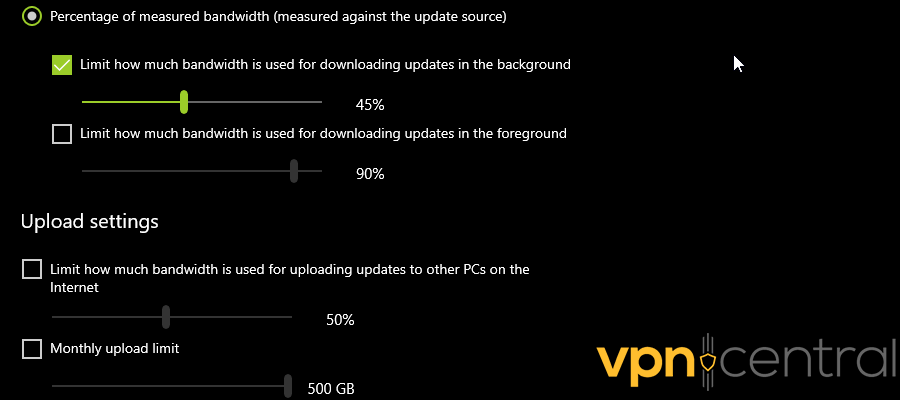 Limit how much bandwidth is used for downloading updates in the background in Windows Update delivery settings