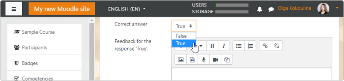 Set the correct answer in a True/False question in Moodle