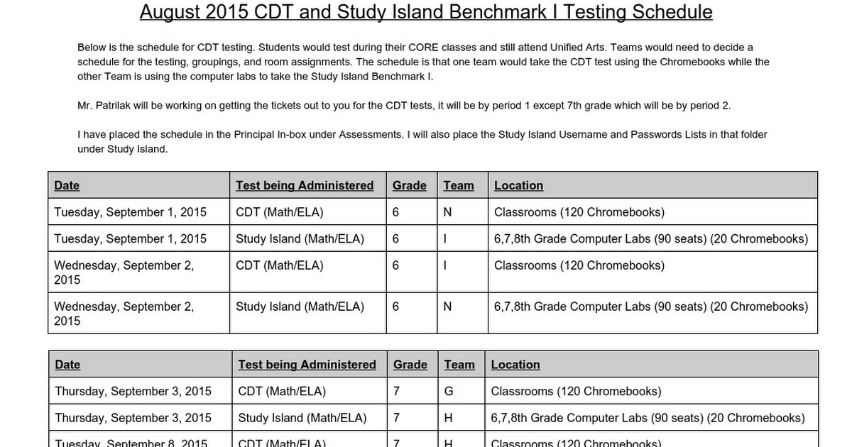 August 2015 CDT and Study Island Benchmark I Testing Schedule