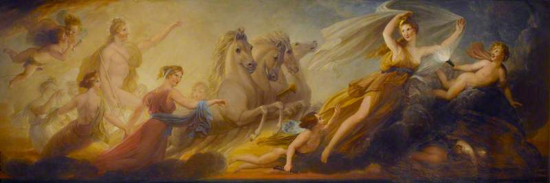 The depicted scene in this artwork showcases Phoebus gracefully riding on his chariot, elegantly led by a majestic Aurora donning a dress and followed by the radiant morning star.