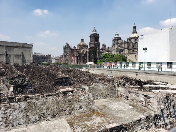 view eclectic mix of architecture from Museo Templo Mayor in Mexico City Historic Center