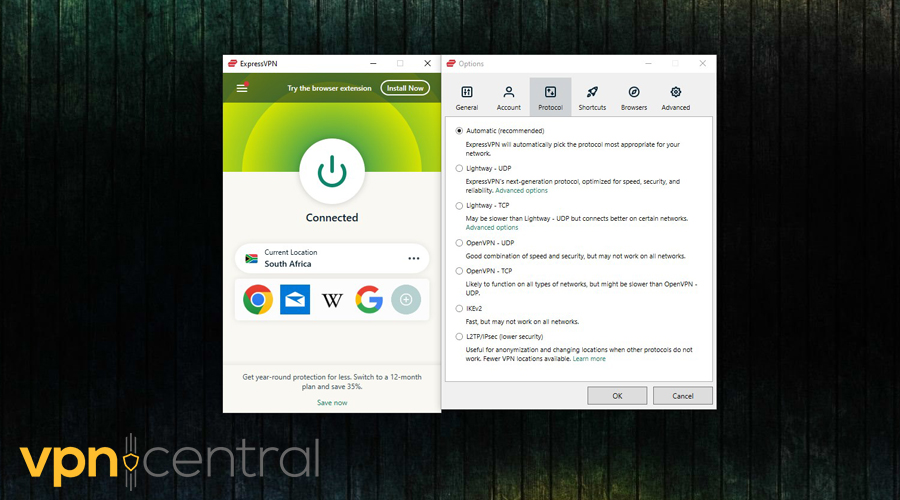 ExpressVPN connected to South African server