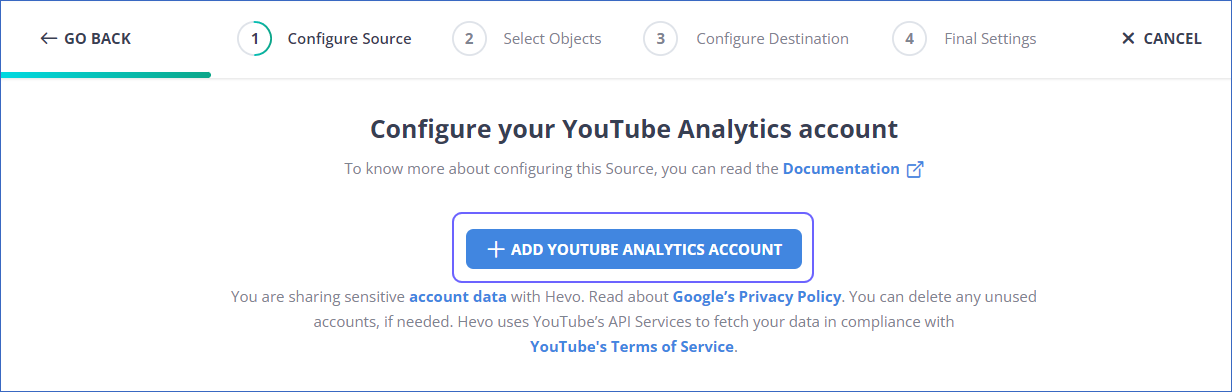 YouTube Analytics to Redshift: Add YouTube Account