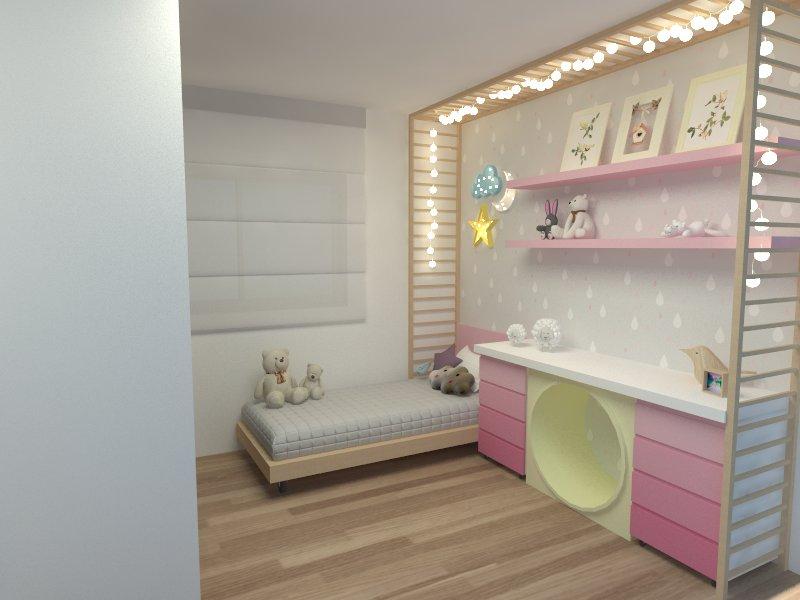 quarto para bebe rosa com papel de parede e piso de madeira