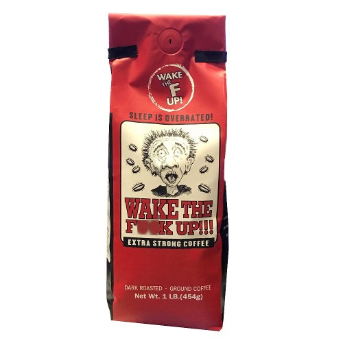 A red bag of "wake the f*** up" brand coffee