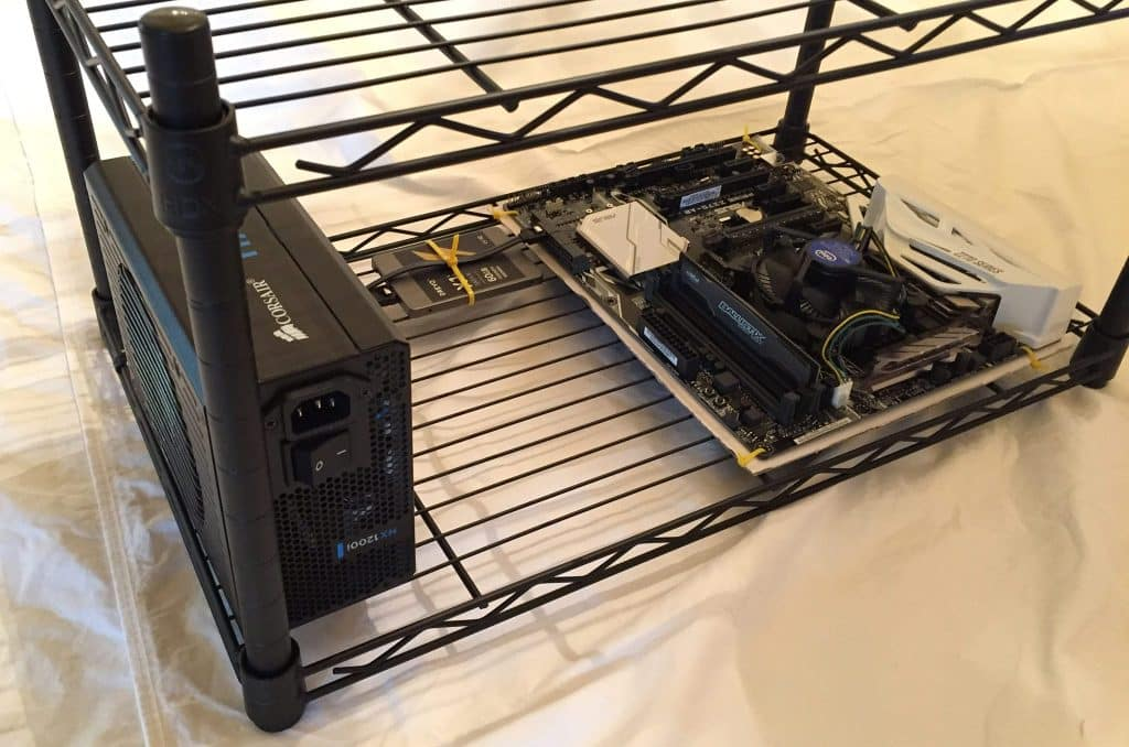 The frame holds the crypto mining rig components together.