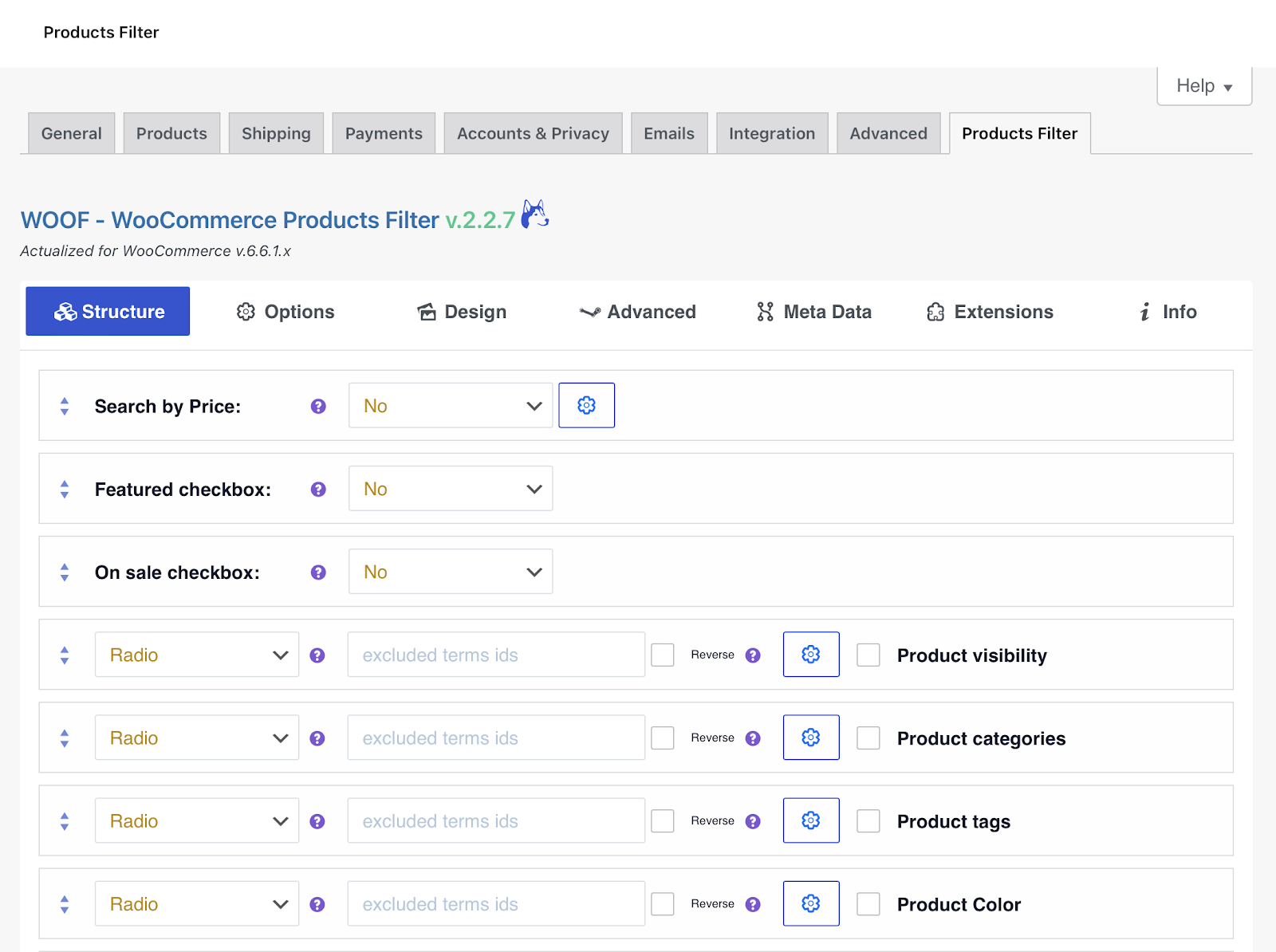 Product fiters offer three options: search by price, featured checkbox, on-sale checkbox.