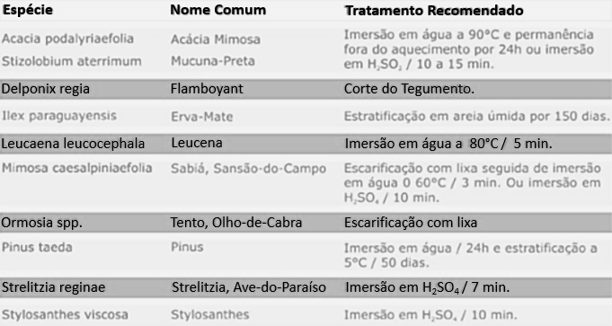 Recomendação de superação de dormência de algumas espécies