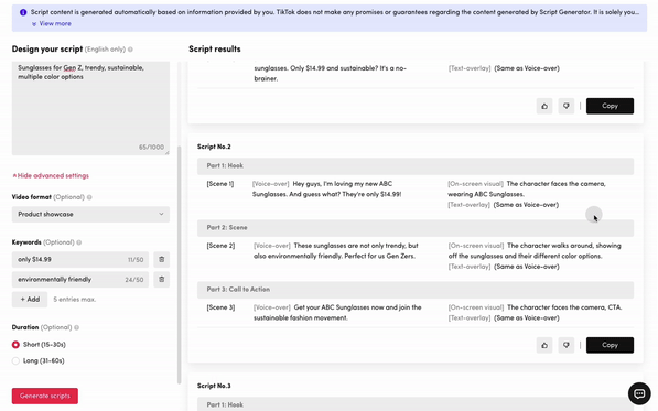 A screenshot of TikTok Script Editor interface. It showcases where you can design your script, inputting keywords, video format and more on the left side of the screen. On the right, you can see your script results, outlining step-by-step scripts for your TikTok videos.