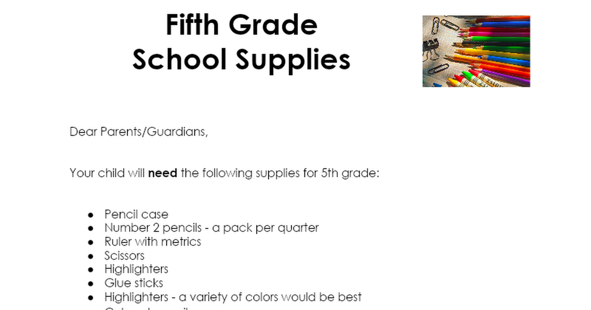 Fifth Grade Supplies 2022-2023