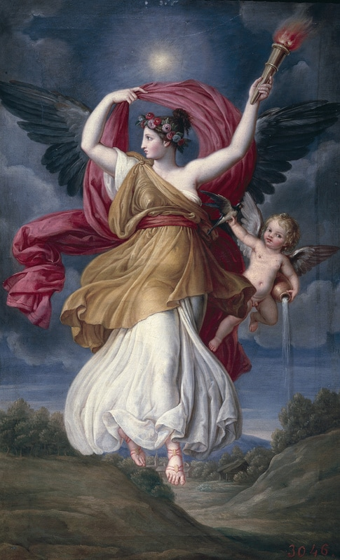 This is an illustration of Eos, the Greek goddess of dawn, depicted with wings and wearing a white and brown dress, flying at night. A baby accompanies her, and Eos holds a red, flowing scarf above her head.