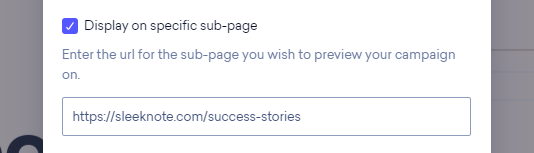 Onsite builder share campaign preview popup with the display on specific sub-page box checked