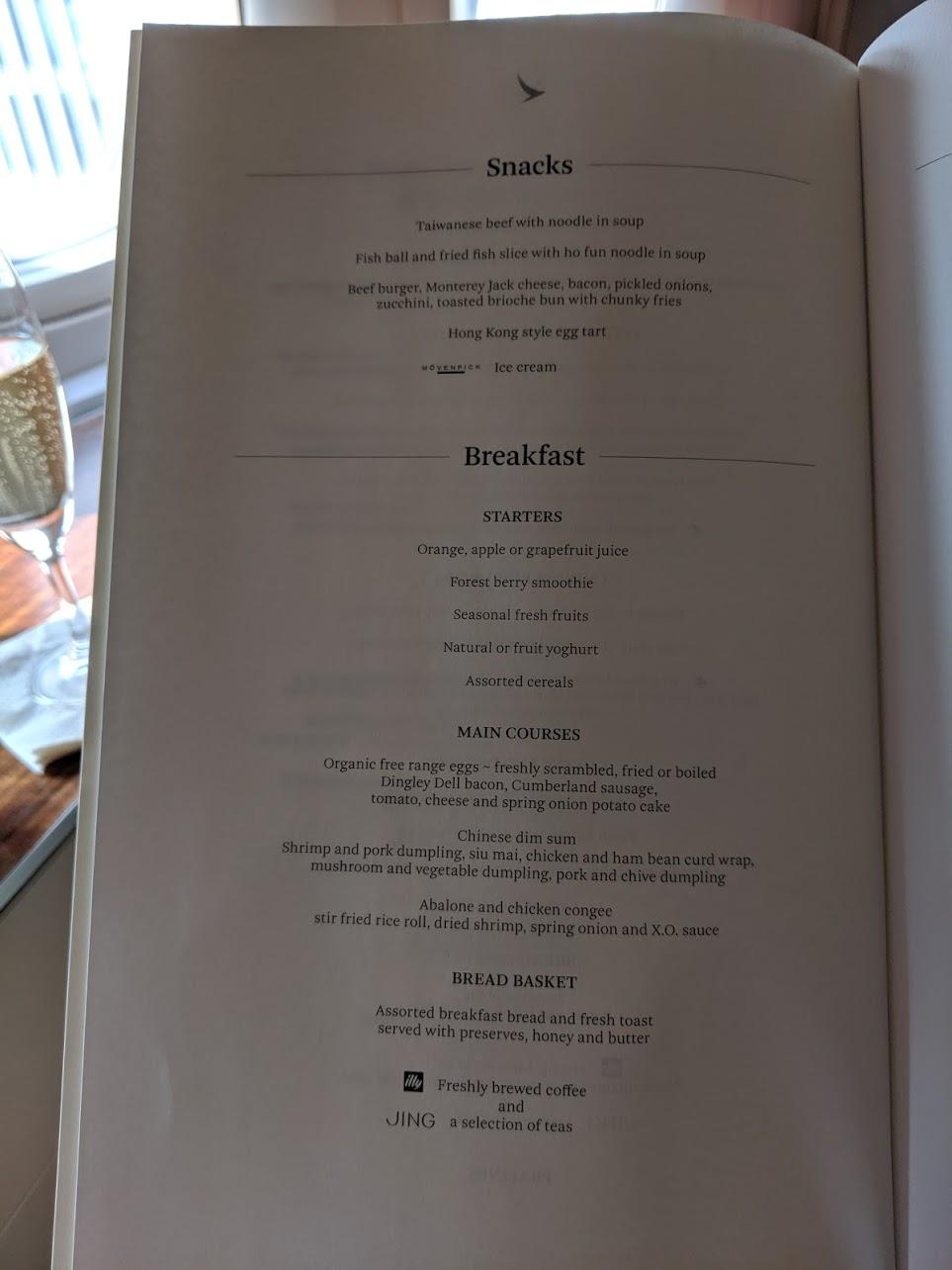 Cathay Pacific First Class Menu