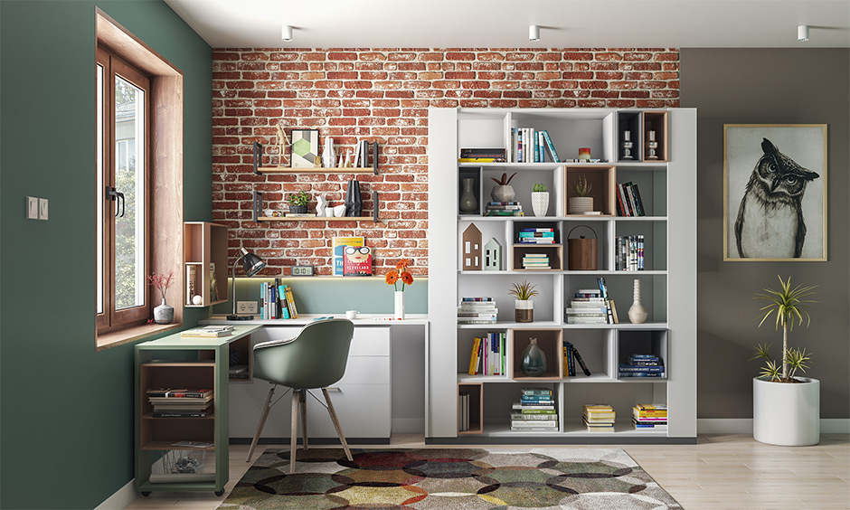 Pull-out executive-style space-saving workstation desk attached to bookshelf
