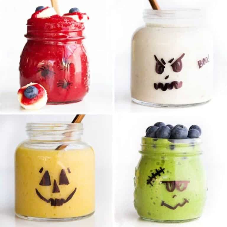 Halloween themed smoothies displayed in glass mason jars.