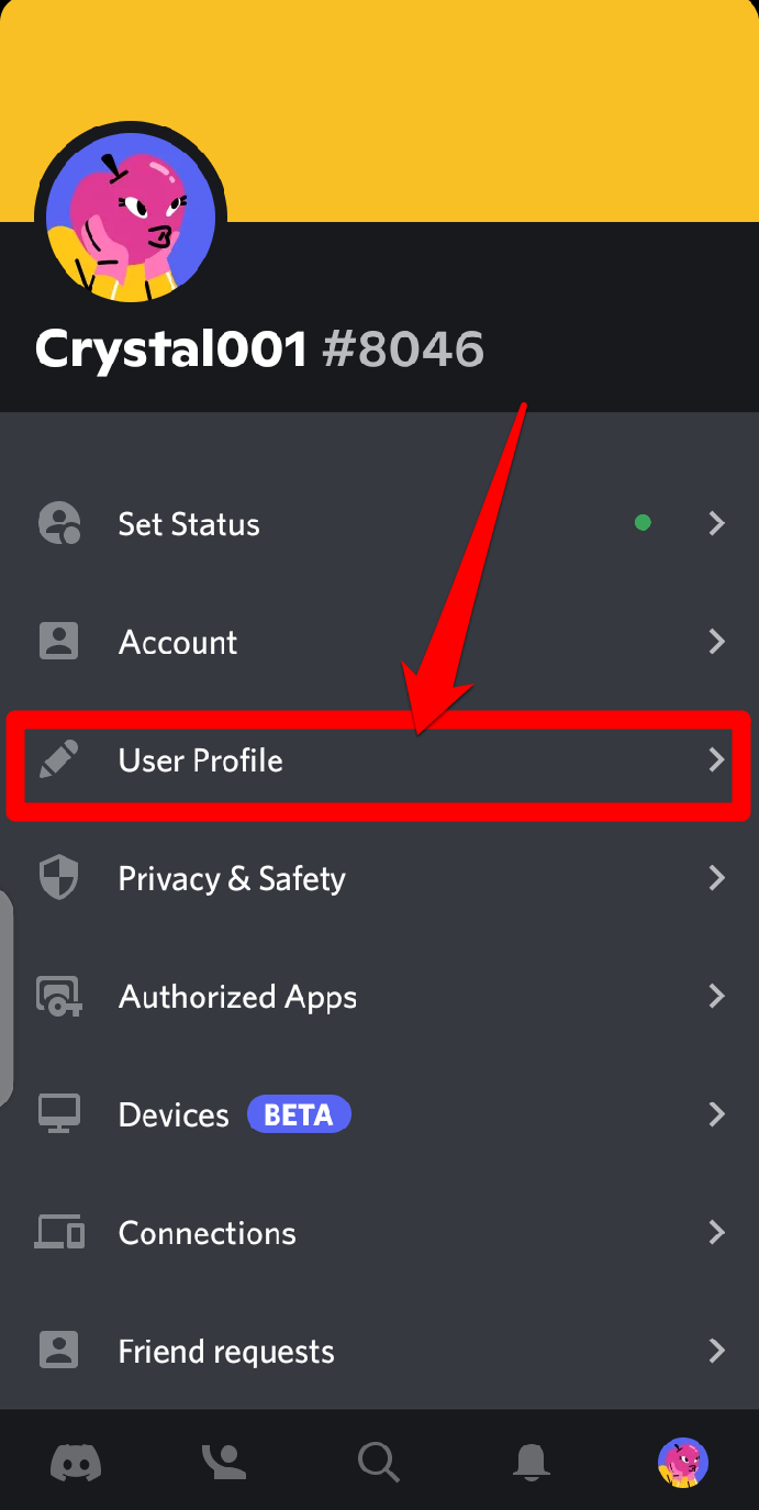 Captura de pantalla de la pestaña de perfil de usuario en Discord móvil