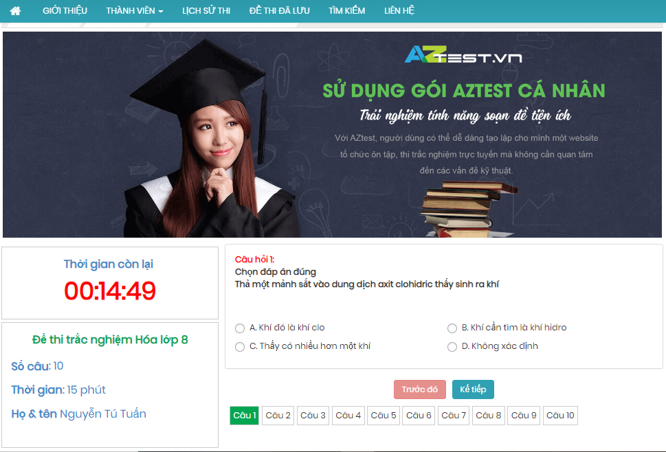 Bộ đề thi mẫu: Đề thi trắc nghiệm Hóa lớp 8 được tạo lập trên AZTest