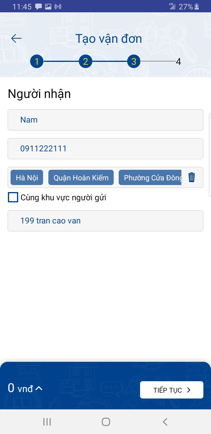 Nhập thông tin người nhận khi tạo vận đơn dịch vụ giao hàng