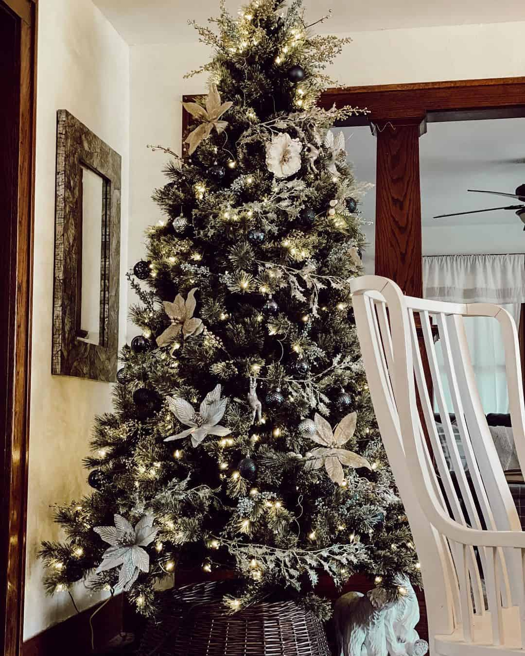 Silver poinsettias black Christmas tree 