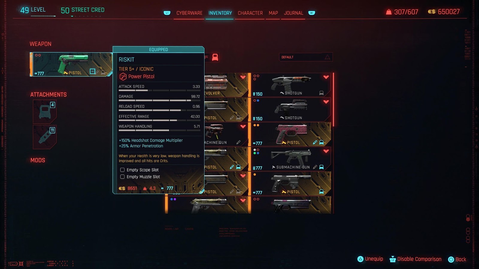 An in-game screenshot of Bree's Riskit Power Pistol from the game Cyberpunk 2077. 