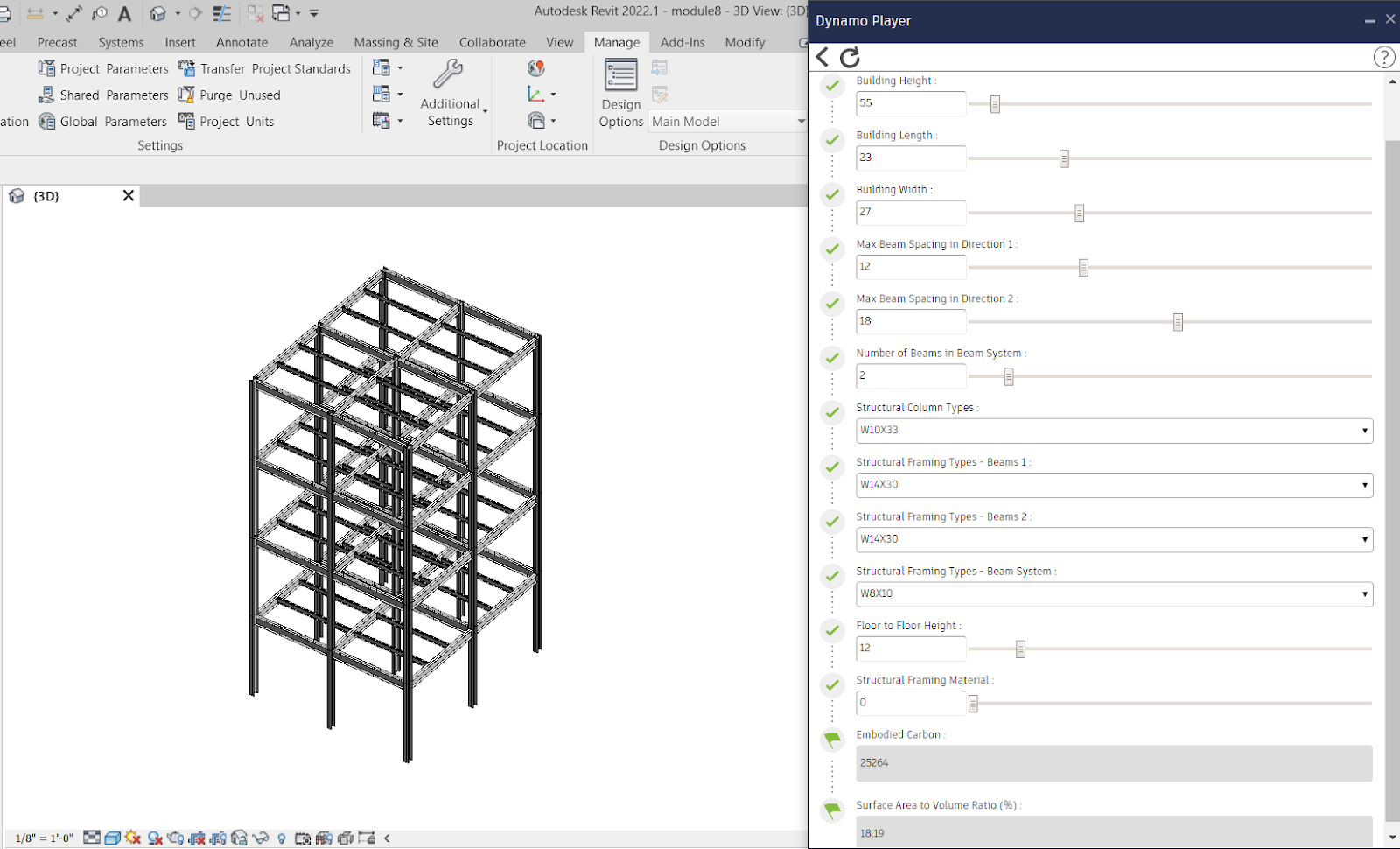 Inputs and results for a steel structural framing system