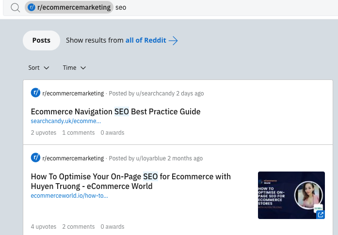 Screenshot of Reddit search results for SEO in the r/ecommercemarketing subreddit.