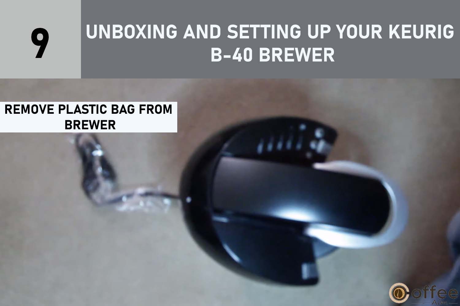Illustrated in the image is the crucial step of removing the plastic bag from your Keurig B-40 Brewer, an integral part of the process as you unbox and set up your machine. This step is outlined comprehensively in our article titled "How to Use Keurig B-40