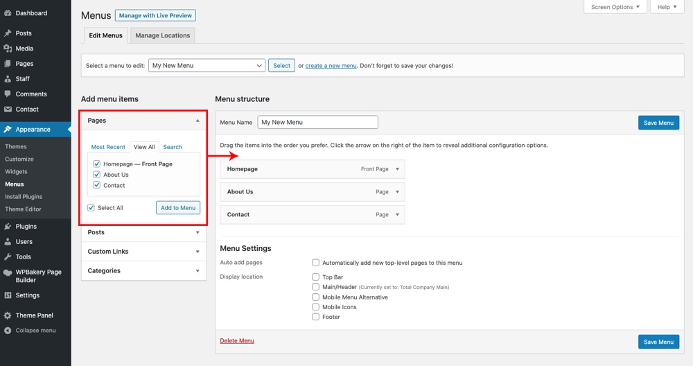Adicionar itens de menu do WordPress - Painel