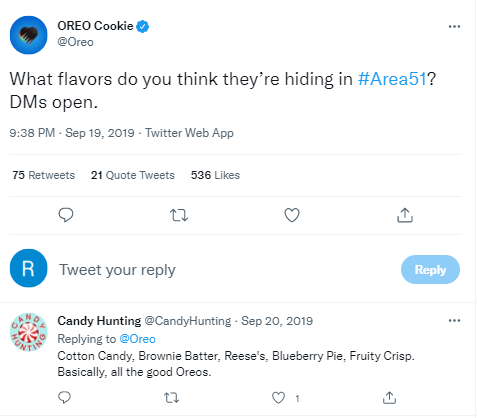 Screenshot of Oreo's tweet about hidden cookie flavors at Area 51, capitalizing on the social media craze