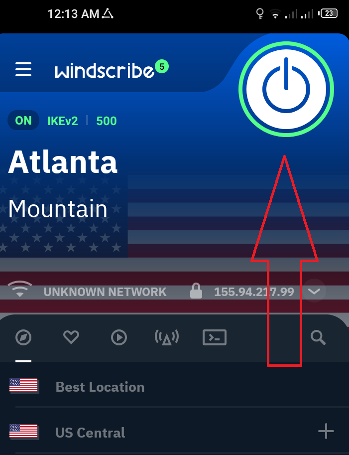 Click the power button at the top of the screen to connect to a server.