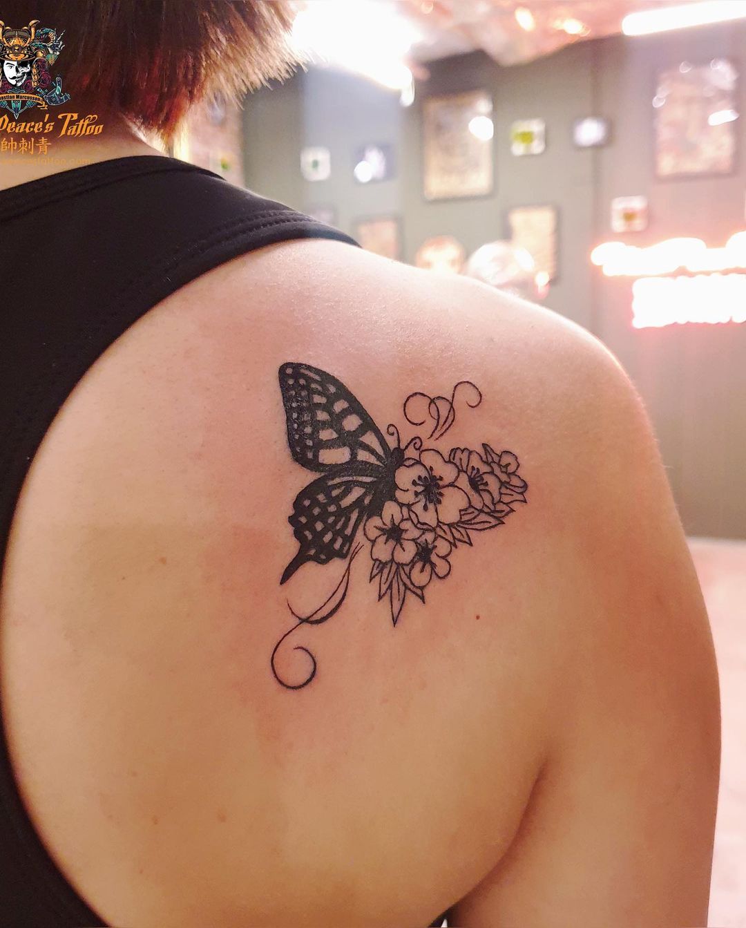 Half Butterfly Half Flower Tattoo On Back Shoulder