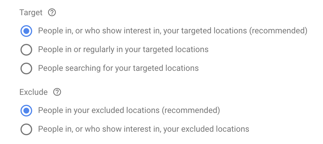 The Target and Exclusions prompts in Google Ads Editor.