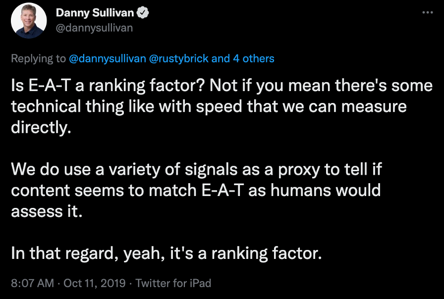 Tweet by Danny Sullivan on whether E-A-T for Google is a ranking factor
