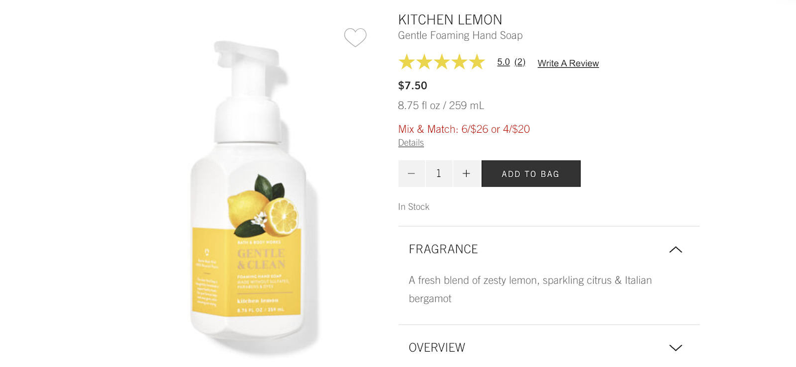 A screenshot of Bath and Body Works' Kitchen Lemon hand soap as a product description template example.