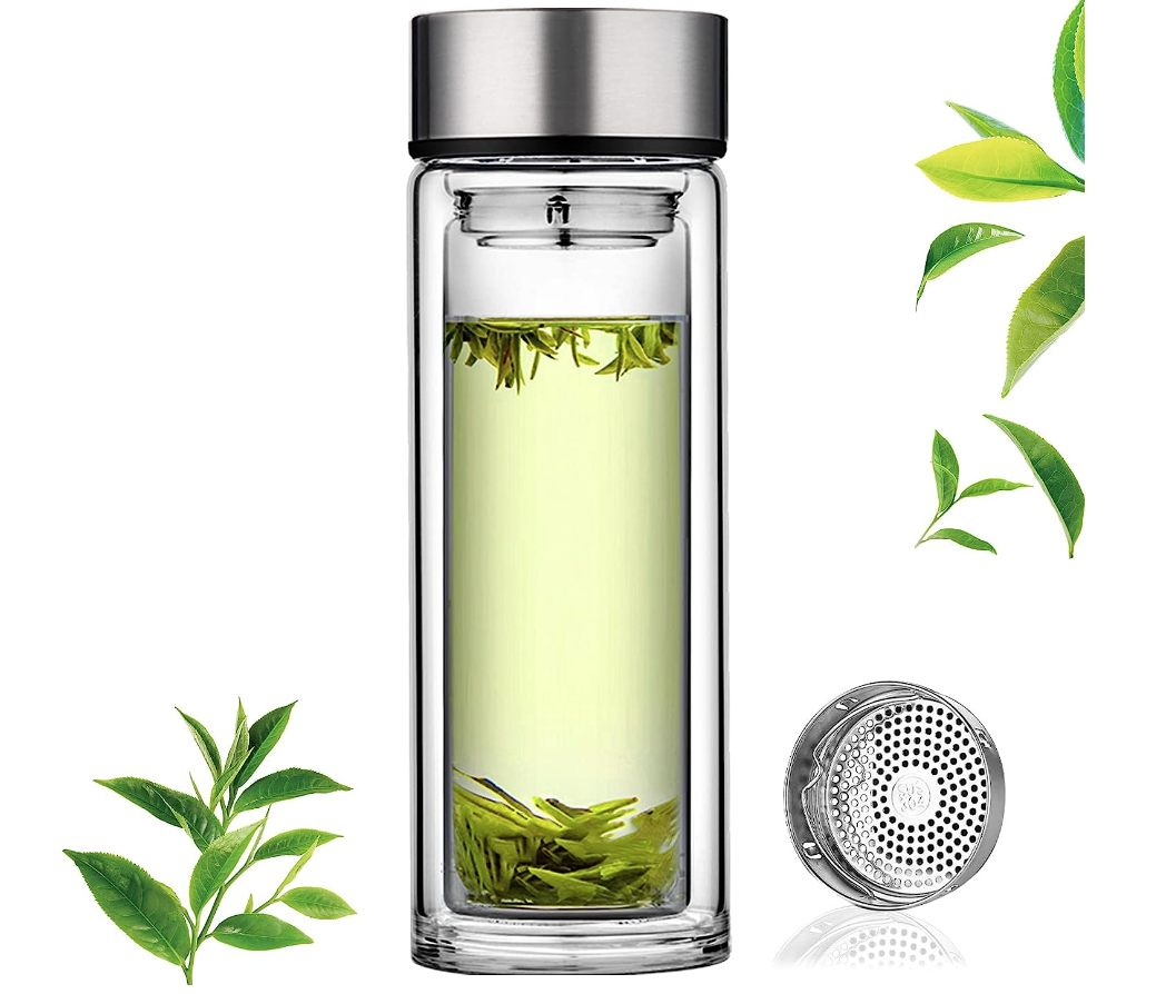 Glass Tea Infuser Bottle with Double Lid - 13 oz - Pure Zen Tea