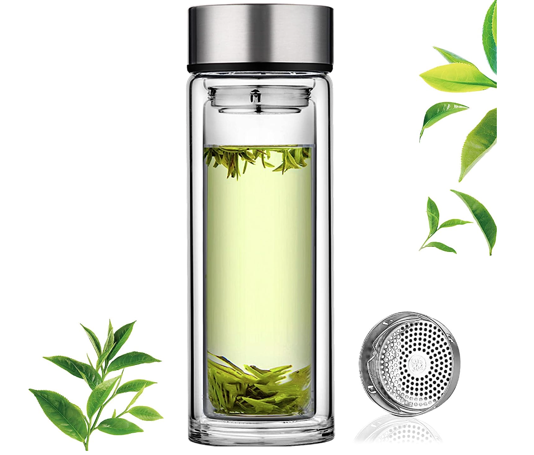  Pure Zen Tea Tumbler with Infuser - Double Wall Glass Travel Tea  Mug with Stainless Steel Filter - Leakproof Tea Infuser Bottle with  Strainer for Loose Leaf Tea and Fruit Water