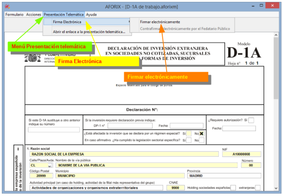Después, ir a "Presentación Telemática" --> "Firma Electrónica" --> "Firmar electrónicamente".  Esta acción generará un archivo con extensión “.aforixd”