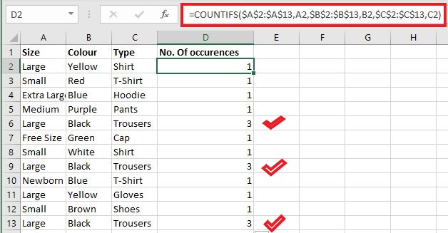 Count the number of duplicate rows using the COUNTIFS formula in an adjacent column