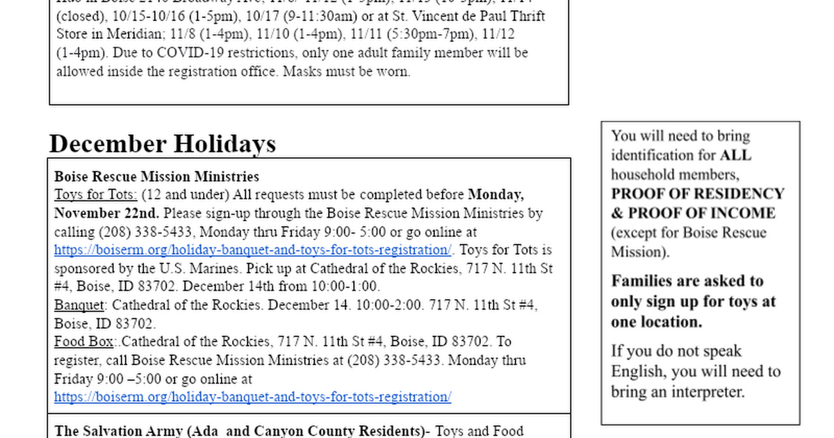 Holiday Resource List for Families 2019