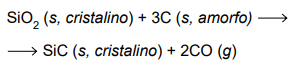 Imagem mostrando a reação:

SiO2 (s, cristalino) + 3 C (s, amorfo) --> SiC (s, cristalino) + 2CO (g)