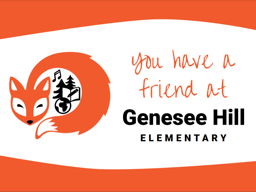 Orange and white sign with Fox logo and text "You have a friend at Genesee Hill Elementary"