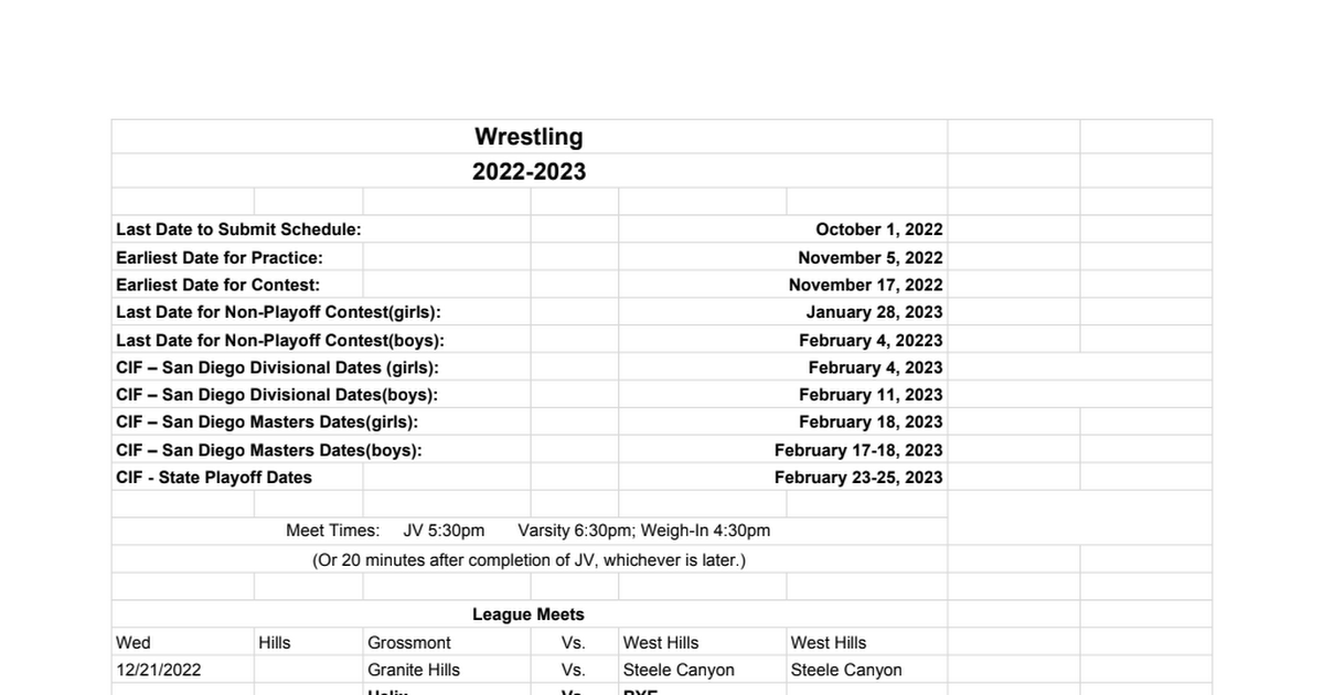 2022-2023 Grossmont Conference Wrestling Schedule - Google Sheets