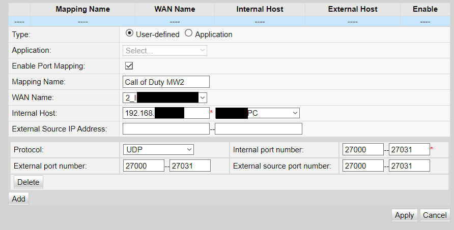 Port Forwarding Settings example for Call of Duty: Modern Warfare