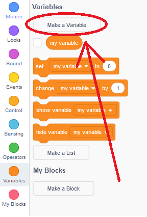 The Create Variable button in Scratch under the Variable Blocks section.