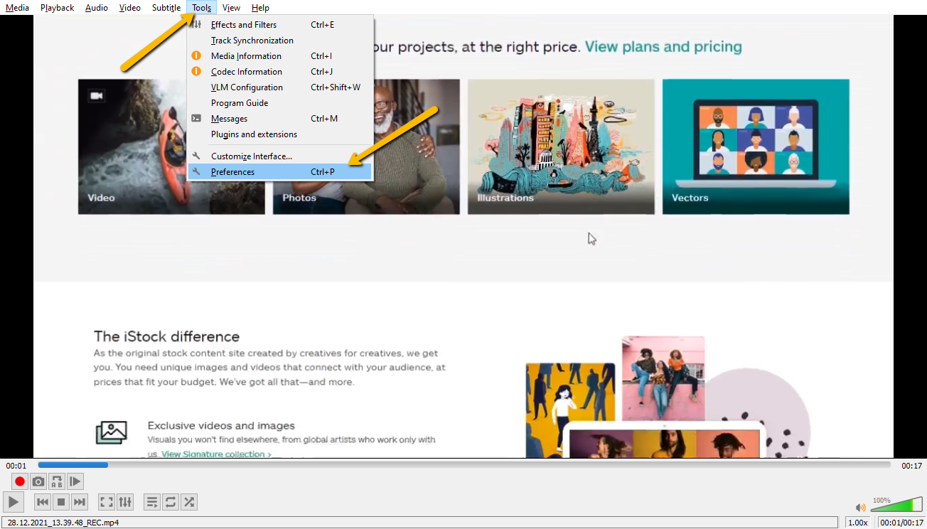 Screenshot of VLC Player's tools and preferences menu.