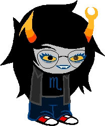 Asset art of a troll character from Homestuck. Okay, I've got this one on lock: this is Vriska Serket, who, like other trolls, has gray skin and candy-corn-colored horns. Vriska wears a gray button down and a black shirt with a blue symbol for the Scorpio zodiac sign. She has glasses, and her left eye has eight pupils. She wears red converse and blue jeans, because Andrew Hussie is both great and awful at aesthetics. Hey, did y'all know Hussie is a they/them eboy now? The more you know.