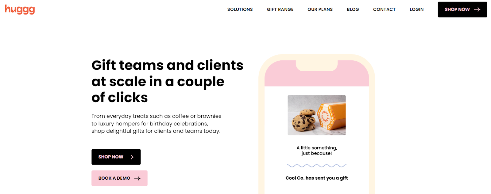 Sales software Huggg makes it easy to reward SDRs and build relationships with prospects. This is a screenshot of the Huggg homepage, and the title reads gift teams and clients at scale in a couple of clicks.