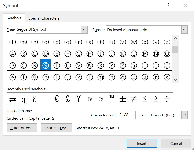 searching for Uppercased Circled S symbols text using the character code